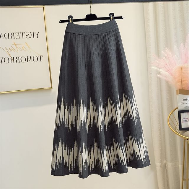 Waist Skirt A-Line Midi High Printed Knit