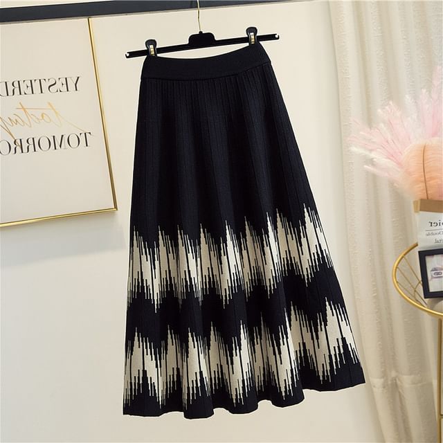 Waist Skirt A-Line Midi High Printed Knit