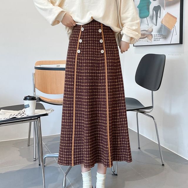 Midi High Skirt Knit A-Line Waist Plaid