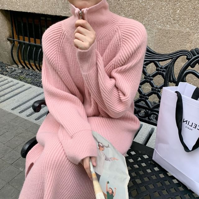 Sweater Long-Sleeve Half-Zip Ribbed Plain Dress Midi