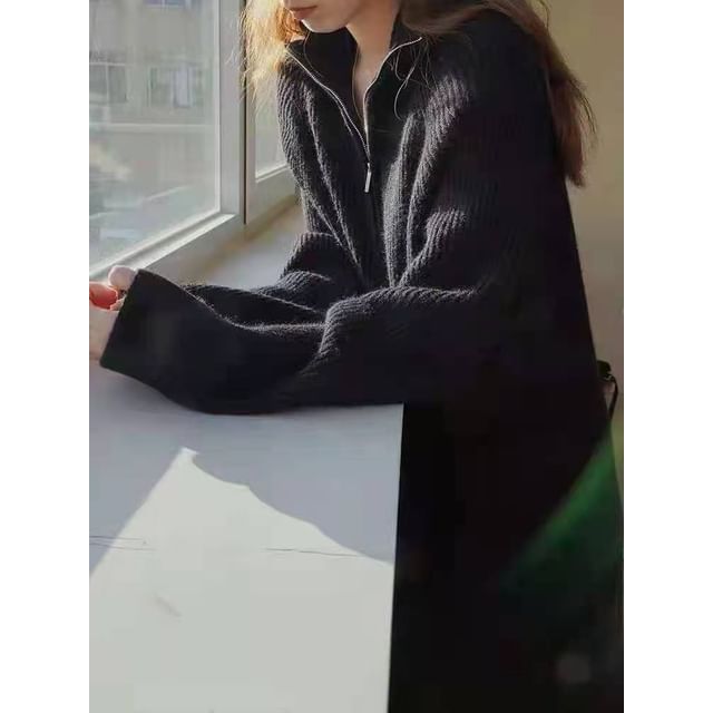 Sweater Long-Sleeve Half-Zip Ribbed Plain Dress Midi