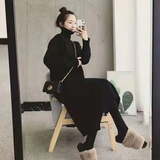 Midi Plain Turtleneck Long-Sleeve Sweater Dress