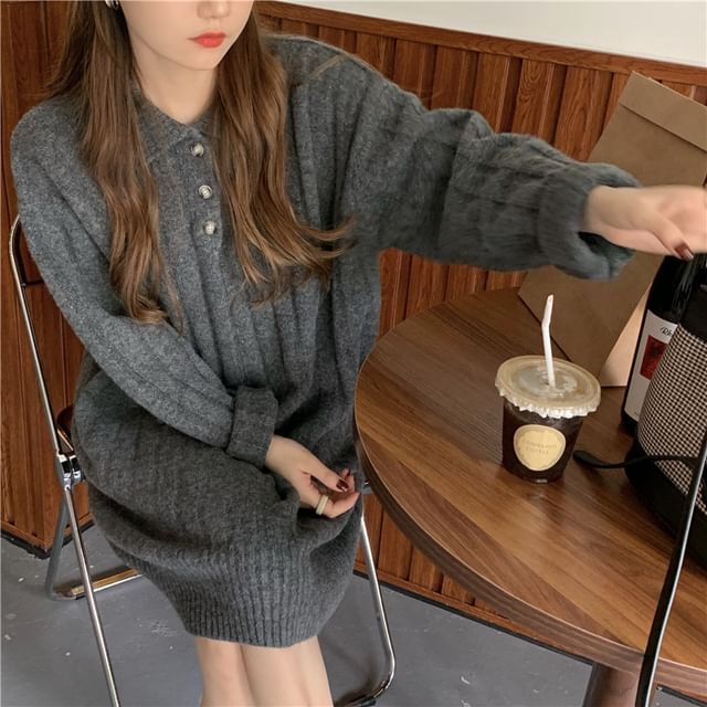 Dress Plain Polo-Neck Mini Sweater Long-Sleeve