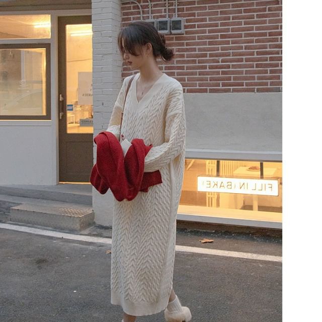 Plain Sweater Midi Dress V-Neck Long-Sleeve