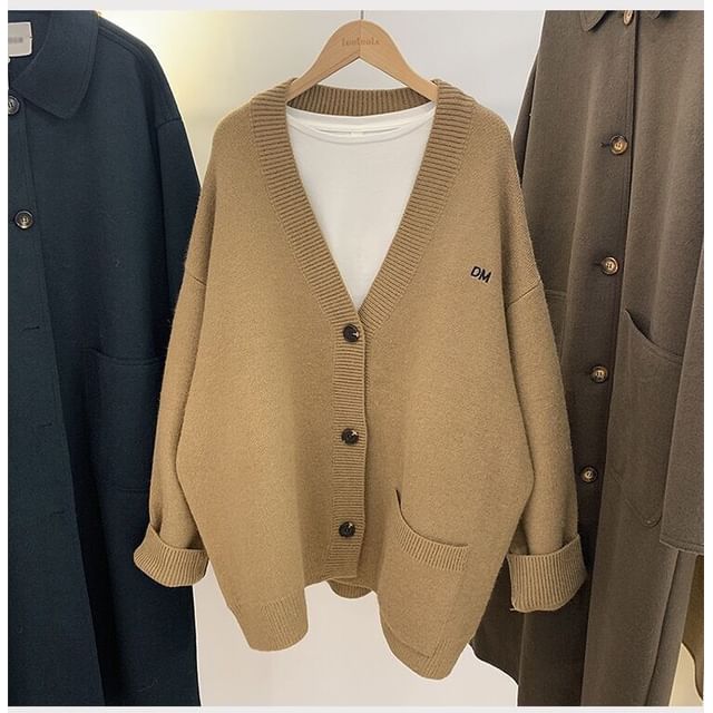 Letter Button-Up Embroidered V-Neck Cardigan