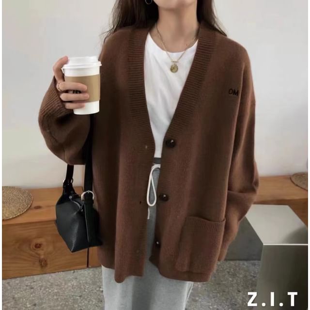 Letter Button-Up Embroidered V-Neck Cardigan