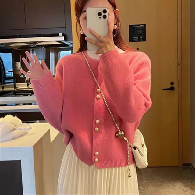 Faux Buttoned Pearl Plain Cardigan