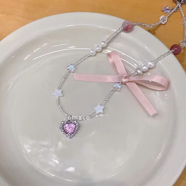 Pendant Rhinestone Necklace Ribbon