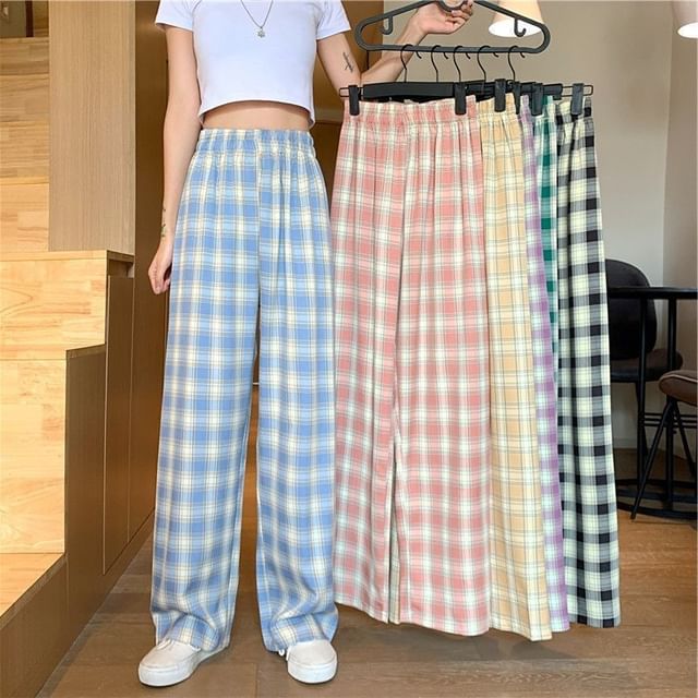 Waist Elastic Wide Plaid Pants Leg