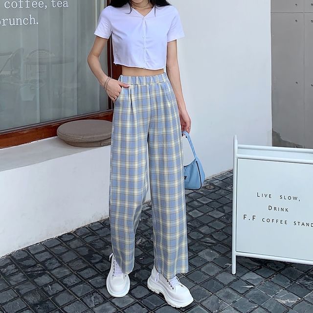 Waist Elastic Wide Plaid Pants Leg