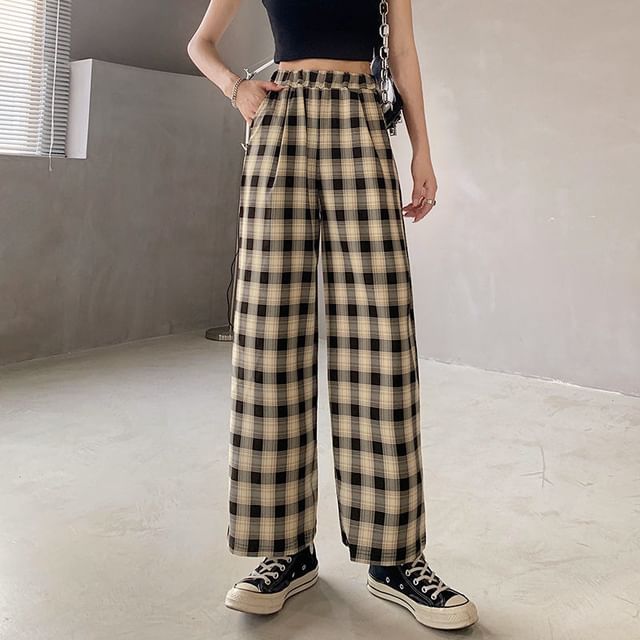 Waist Elastic Wide Plaid Pants Leg