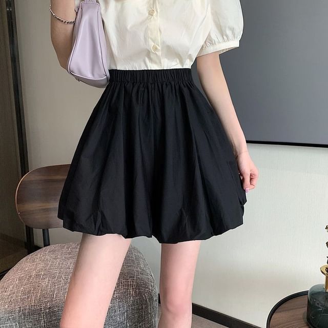 Elastic Waist Plain Mini A-Line Balloon Skirt