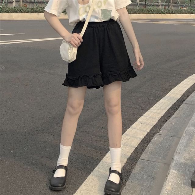 Shorts Plain Ruffle Waist Elastic