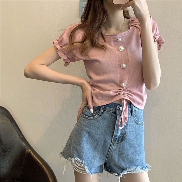 Short-Sleeve Square Faux Button Neck Knit Pearl Plain Drawstring Top
