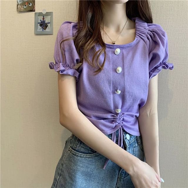 Short-Sleeve Square Faux Button Neck Knit Pearl Plain Drawstring Top