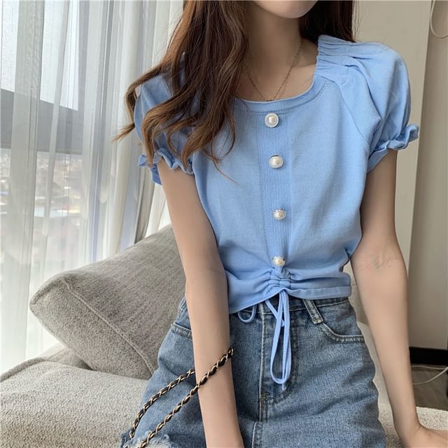Short-Sleeve Square Faux Button Neck Knit Pearl Plain Drawstring Top