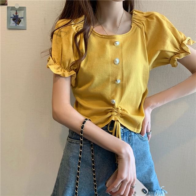 Short-Sleeve Square Faux Button Neck Knit Pearl Plain Drawstring Top