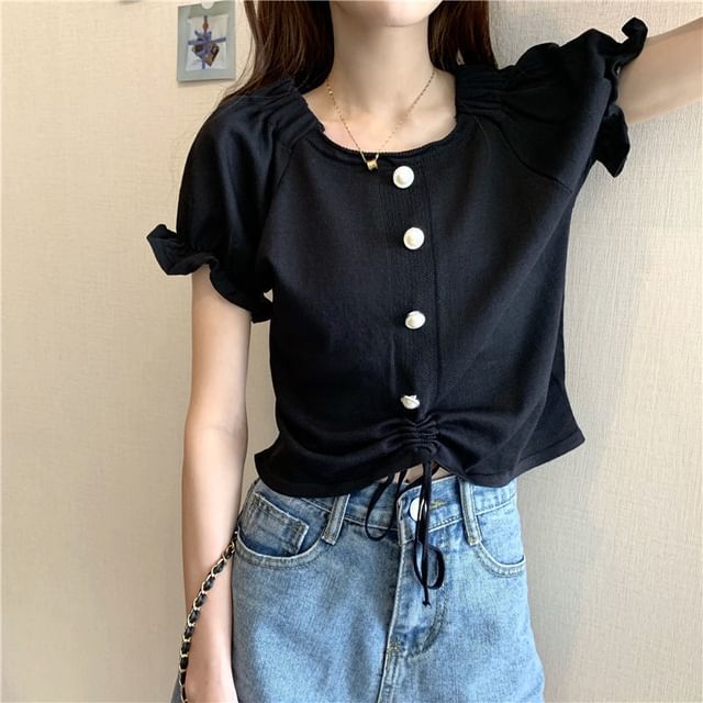 Short-Sleeve Square Faux Button Neck Knit Pearl Plain Drawstring Top