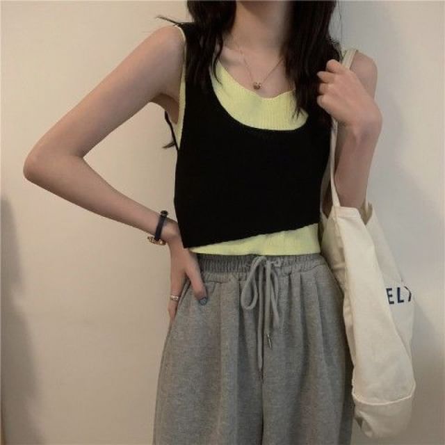 Top Mock Knit Piece Two Neck Scoop Tank