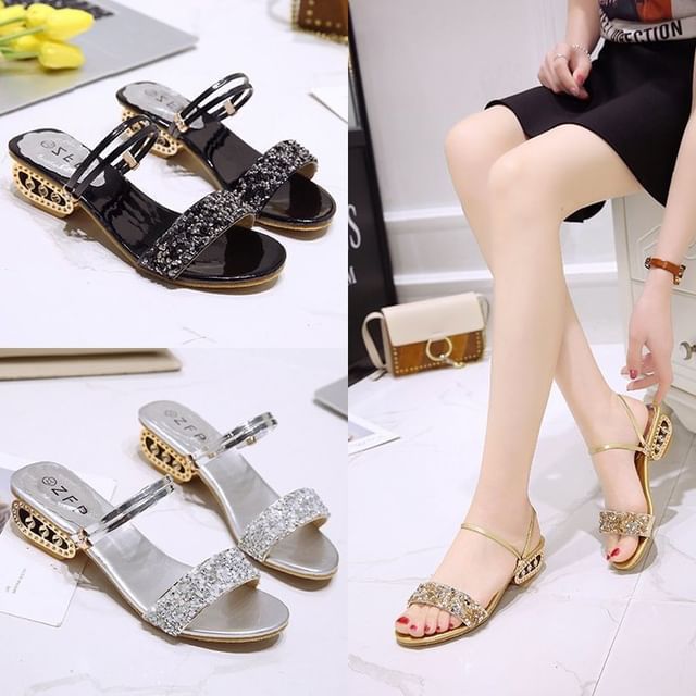 Low Sequin Heel Sandals