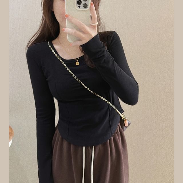 Asymmetrical T-Shirt Scoop Long-Sleeve Plain Neck