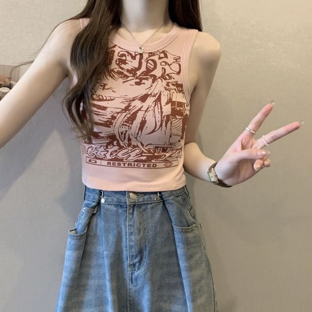 Tank Crop Print Neck Round Top Graphic