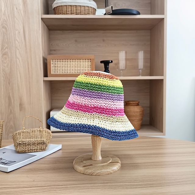 Hat Straw Striped Bucket