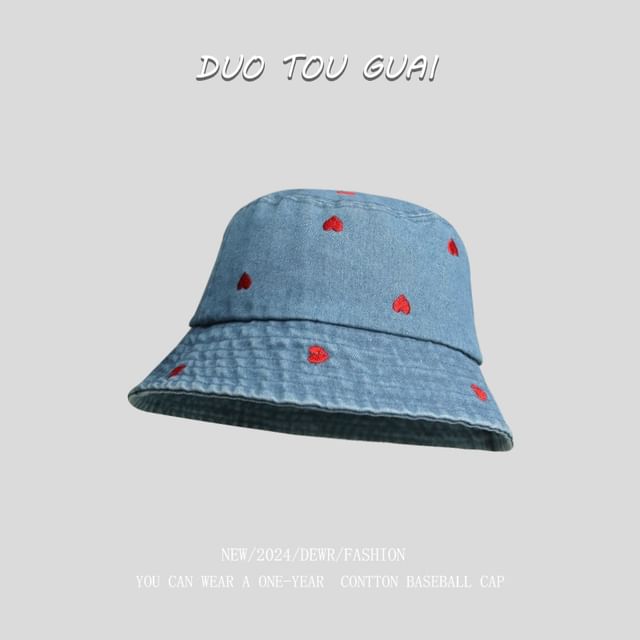 Denim Embroidered Hat Washed Heart Bucket