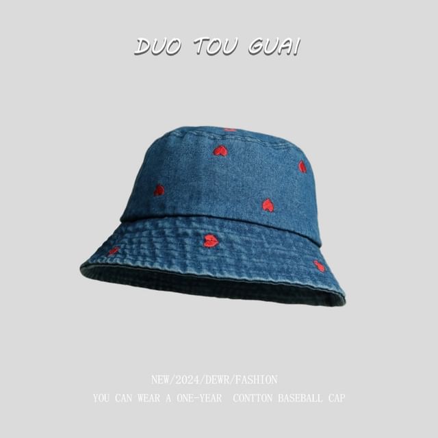 Denim Embroidered Hat Washed Heart Bucket