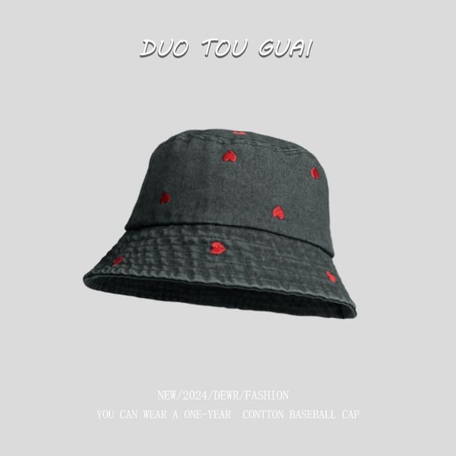 Denim Embroidered Hat Washed Heart Bucket