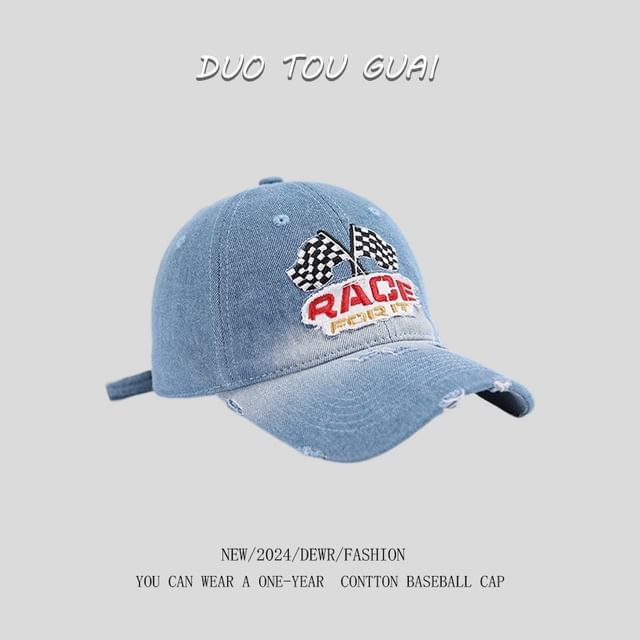 Denim Baseball Embroidered Distressed Washed Lettering Cap