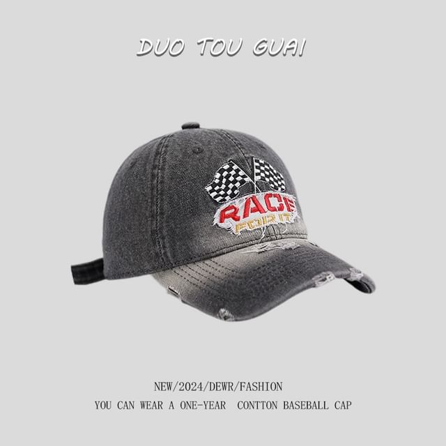 Denim Baseball Embroidered Distressed Washed Lettering Cap