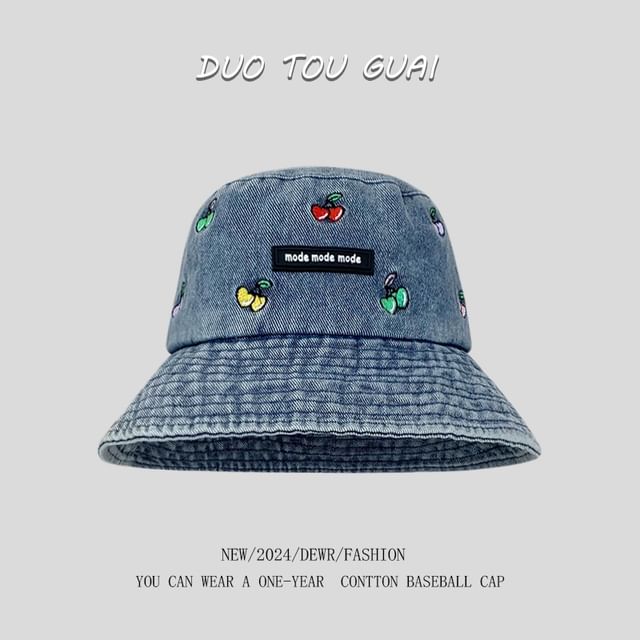 Washed Hat Bucket Embroidered Cherry Denim