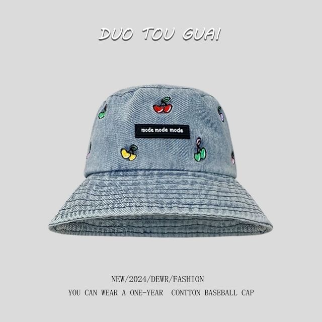 Washed Hat Bucket Embroidered Cherry Denim