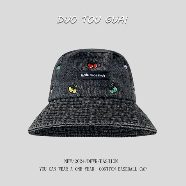 Washed Hat Bucket Embroidered Cherry Denim