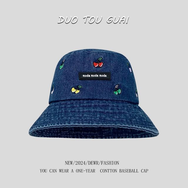 Washed Hat Bucket Embroidered Cherry Denim