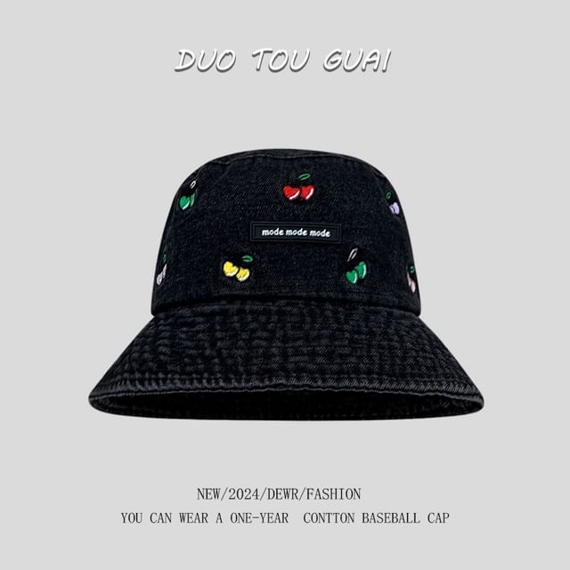 Washed Hat Bucket Embroidered Cherry Denim