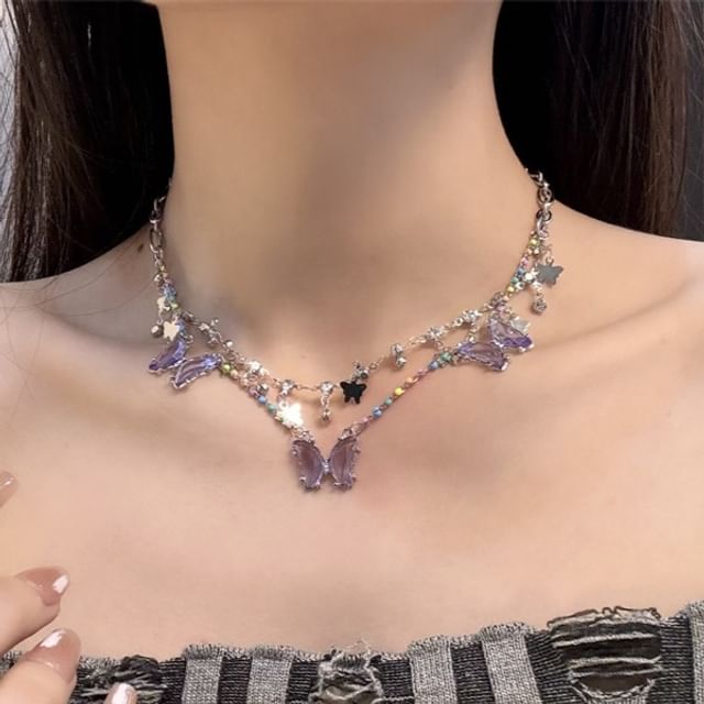 Faux Crystal Layered Fringed Necklace Butterfly