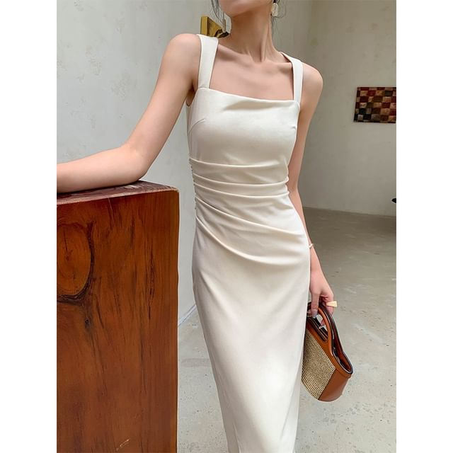 Sheath Midi Ruched Sleeveless Neck Plain Square Dress