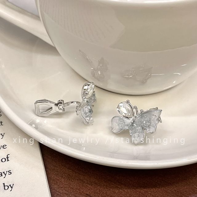 / Rhinestone Butterfly Crystal Clip-On Stud Earring Ear Faux