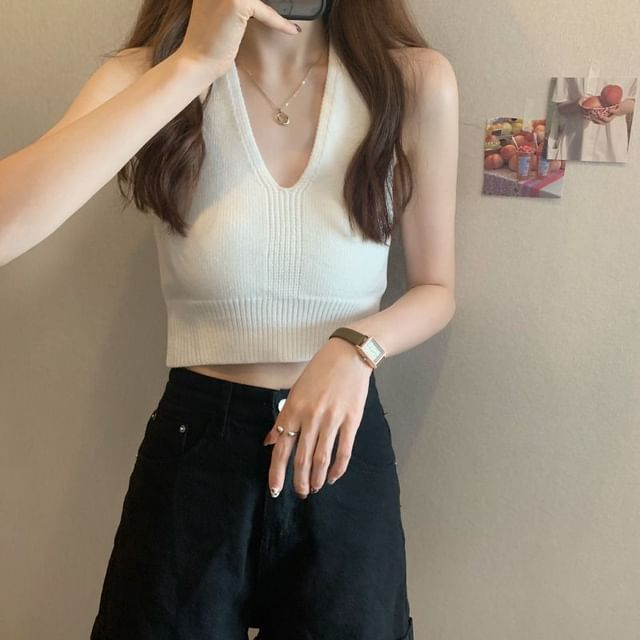 Knit Top V-Neck Halter Cropped Plain