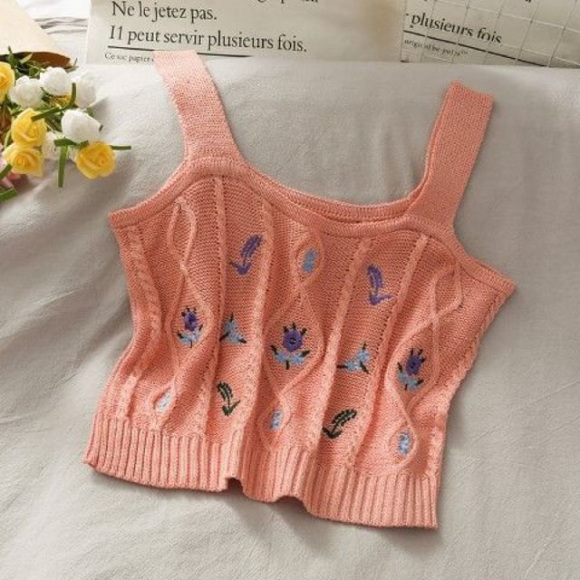Cropped Knit Embroidered Flower Camisole Top