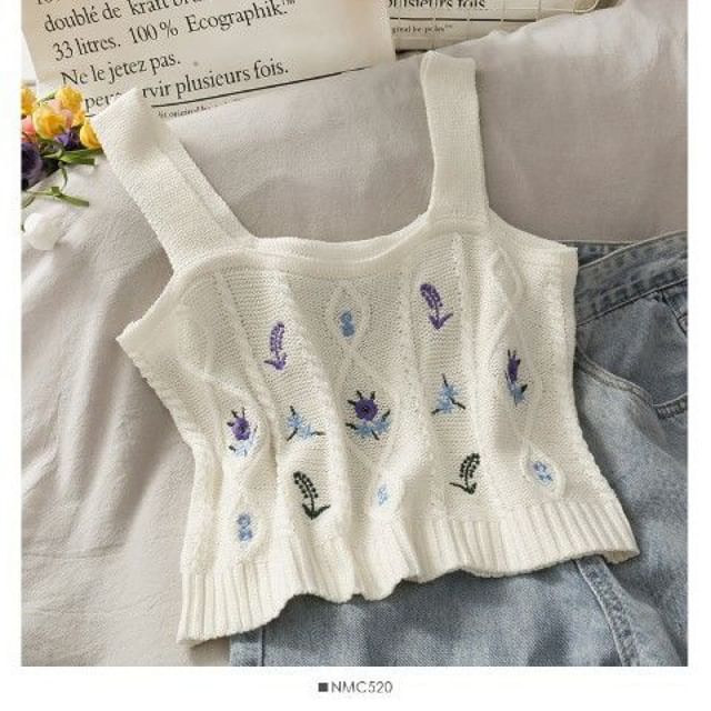 Cropped Knit Embroidered Flower Camisole Top