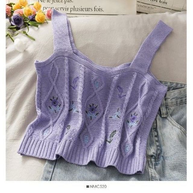 Cropped Knit Embroidered Flower Camisole Top