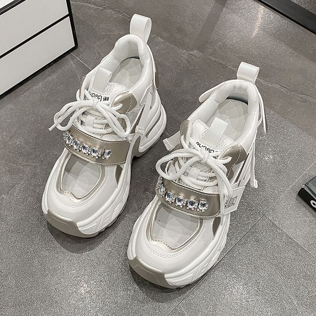 Wedge Hidden Cutout Sneakers Rhinestone Panel Platform