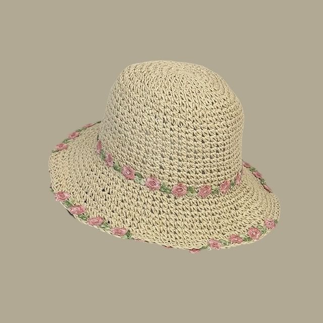 Floral Hat Straw Sun Embroidered