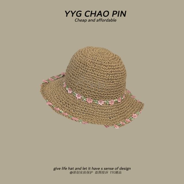 Floral Hat Straw Sun Embroidered