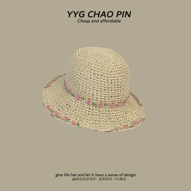 Floral Hat Straw Sun Embroidered
