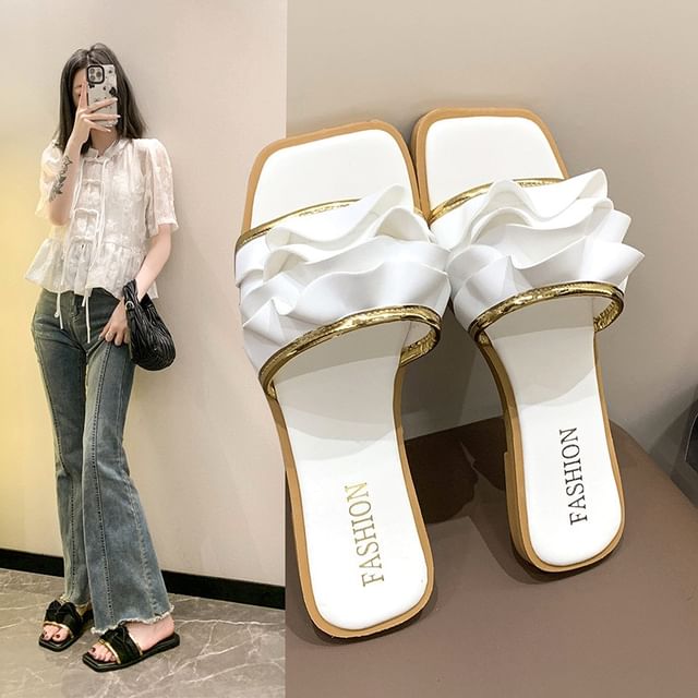 Square Sandals Toe Ruffle Slide