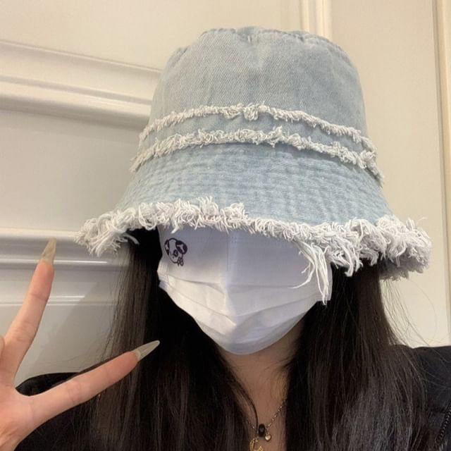 Denim Fringed Distressed Hat Bucket